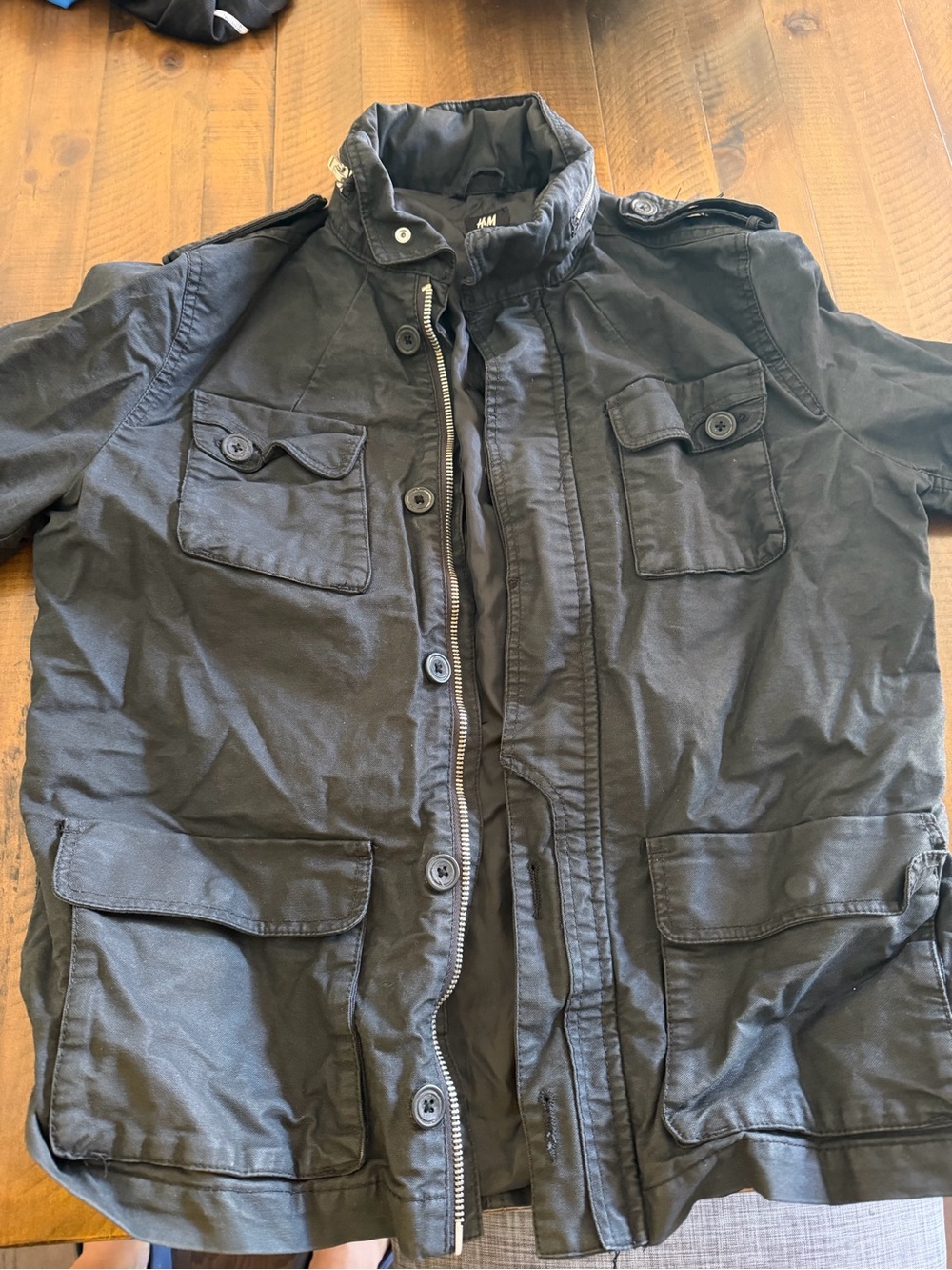 H&M Men's Black Military Field Jacket with Utility Pockets
